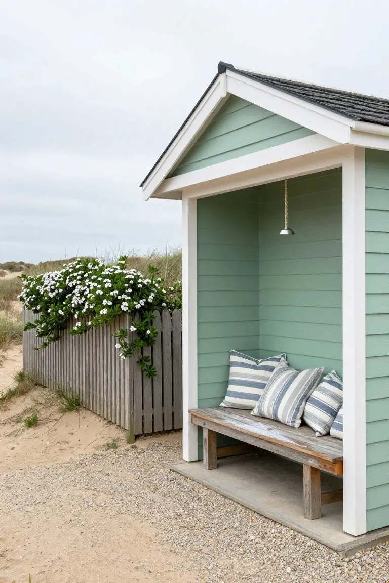 Open-front mint green shiplap cabin with white trim and pitched roof, wooden bench with striped cushions inside, gray dune fence covered in white flowering vines, sand path and beach dunes nearby.