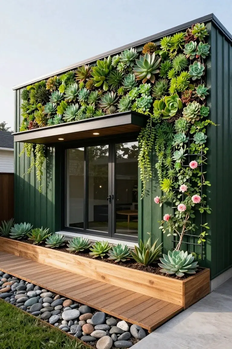 Small modern house with dark green vertical siding densely planted with various succulents forming a living wall, glass sliding doors under an overhang, wooden deck path with planters, and gravel ground cover beside a lawn.