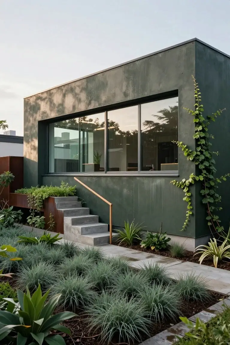 Side exterior of a modern rectangular house with dark green textured walls, large frameless windows, concrete steps with brass handrail leading to an entry, and surrounding landscaping of grasses, succulents, and climbing vines.