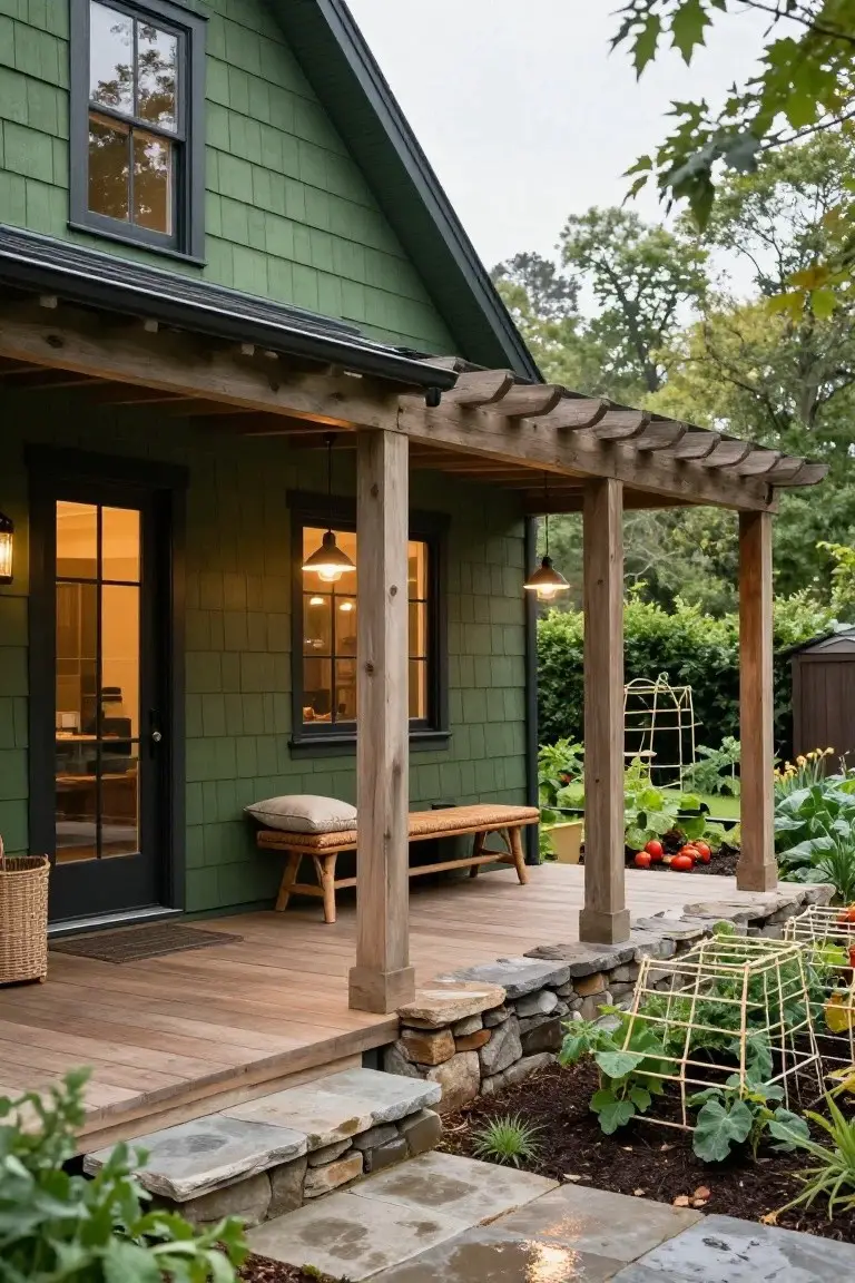 Side exterior view of a dark green shingle house with wooden porch posts, pergola roof, hanging lanterns, cushioned bench, glass door entry, and adjacent raised vegetable garden beds on stone steps.
