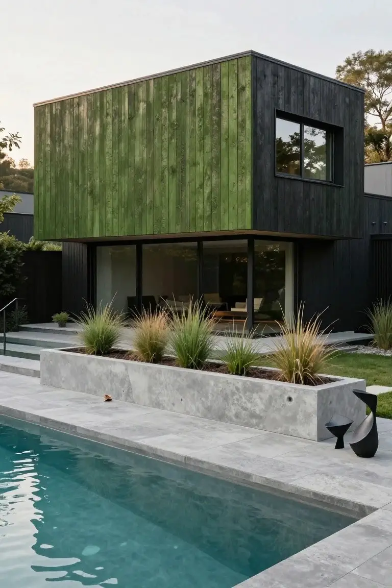 Corner view of a modern rectangular house with green vertical timber cladding on one side and black timber cladding on the other, large floor-to-ceiling glass windows, concrete steps leading to a pool edged in gray tile, raised concrete planters with ornamental grasses, and trees in the background.