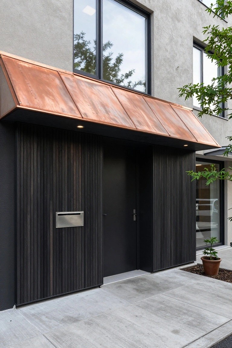 Contemporary house exterior with copper awning over black front door, dark vertical wood cladding on entry walls, gray siding, and a potted plant on concrete path.
