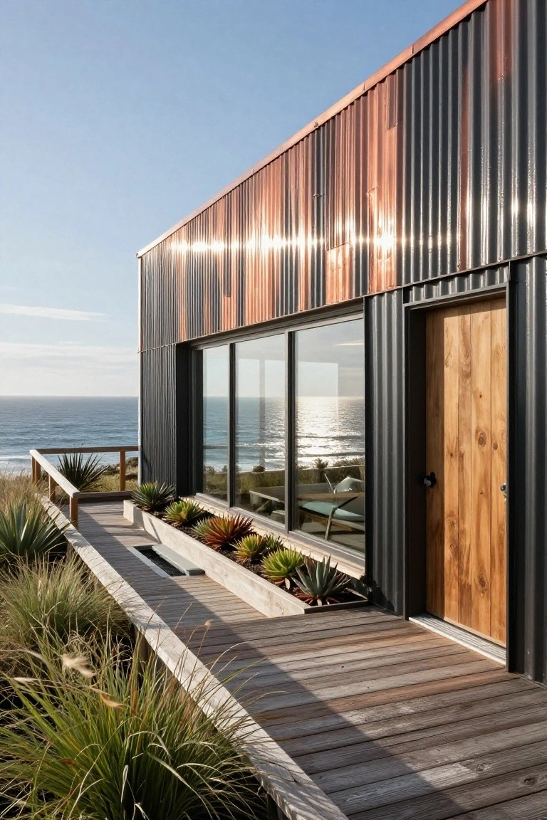 Side view of a modern rectangular house with vertical copper-toned corrugated metal cladding on roof and walls, large glass windows overlooking the ocean, timber entry door, wooden deck pathway edged with grasses and succulents.