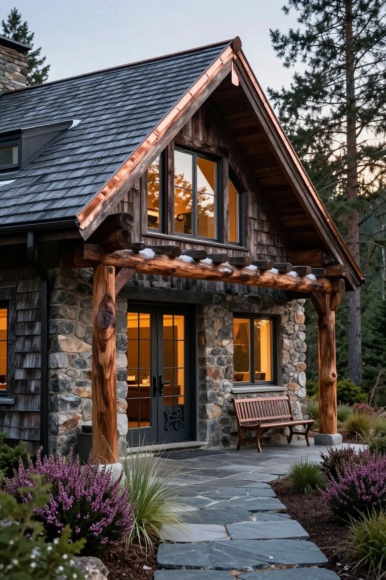 Rustic cabin with dark shingle roof featuring copper flashing and ridges, stone base, timber porch posts supporting a wooden bench, large windows, and flagstone path amid purple heather plants and trees.
