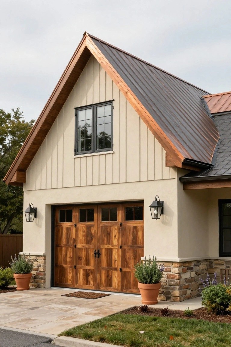 House exterior with gabled copper-toned metal roof, beige board-and-batten siding, wooden paneled garage door flanked by lanterns, stone accents, potted plants, and a paved walkway.