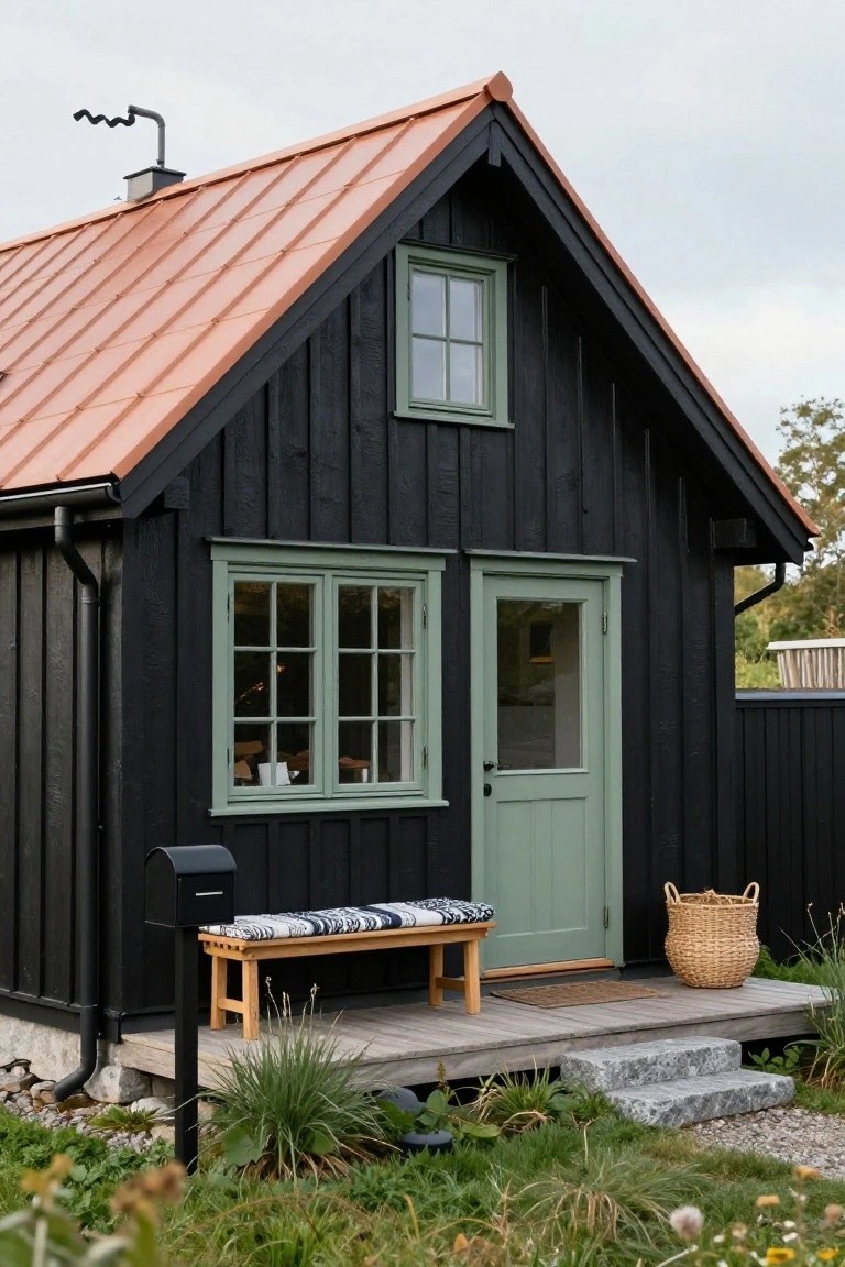 Small black wooden house with copper metal roof, green windows and door, black mailbox, wooden bench with cushions, wicker basket on wooden porch with stone steps, grass and plants around base.