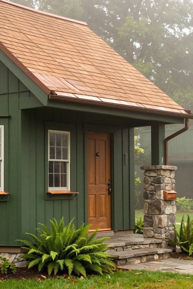 Small green wooden cabin with copper shingle roof, wooden door, single window, stone pillar with mailbox, ferns, and stone steps leading to porch amid misty trees and grass.