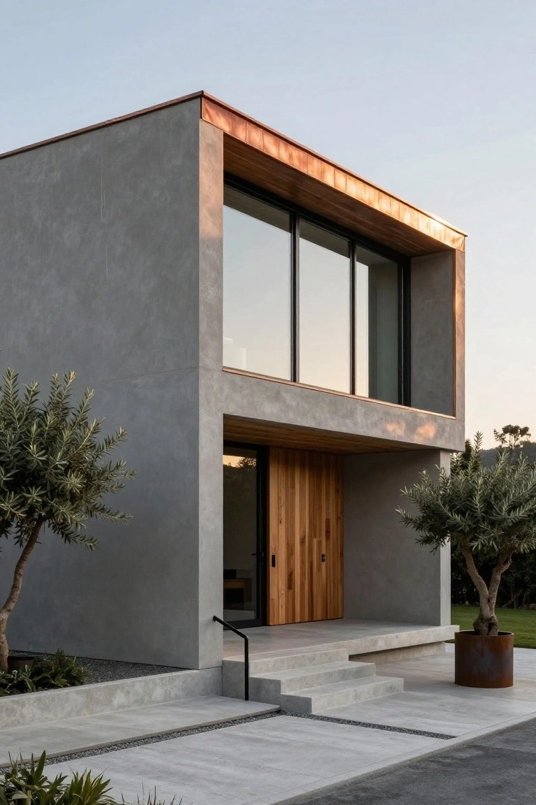 Modern house exterior featuring gray stucco walls, copper roof edge, large glass windows, wooden entry door with steps, concrete pathway, and olive trees.