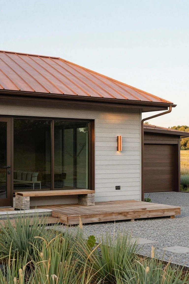 Side exterior of a modern house featuring a copper standing-seam roof, light gray vertical siding, large brown-framed glass doors, wooden bench and deck on stone bases, copper wall light, adjacent garage, and gravel yard with grasses.