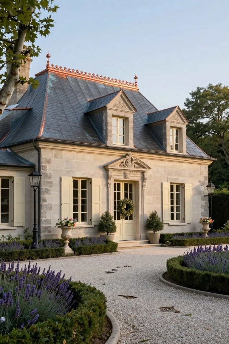 Beige limestone house with slate mansard roof edged in copper, cream shutters on windows, double front door with wreath, flanked by potted plants and lavender hedges along a gravel driveway.