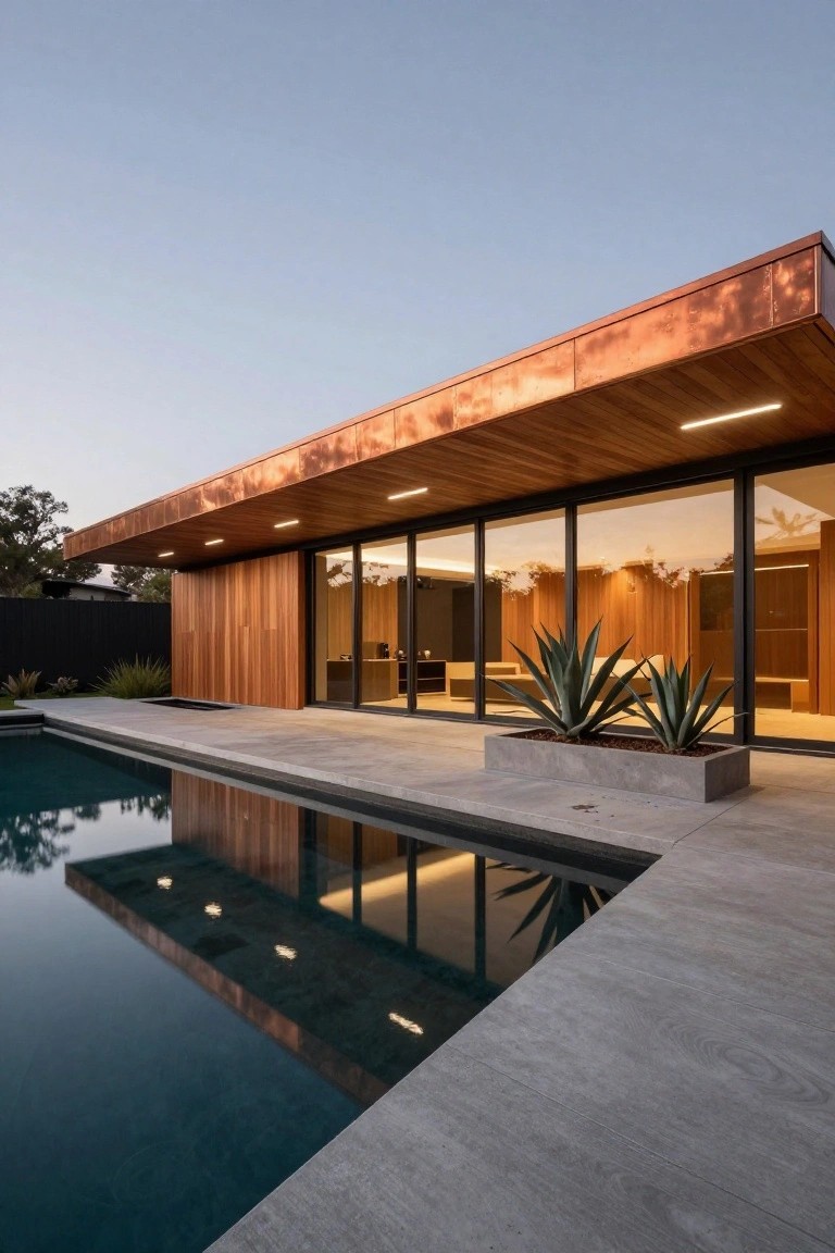 Modern house exterior with overhanging copper roof, cedar wood siding on side wall, large black-framed glass doors, concrete pool deck, infinity-edge pool, and agave plants in concrete planters.
