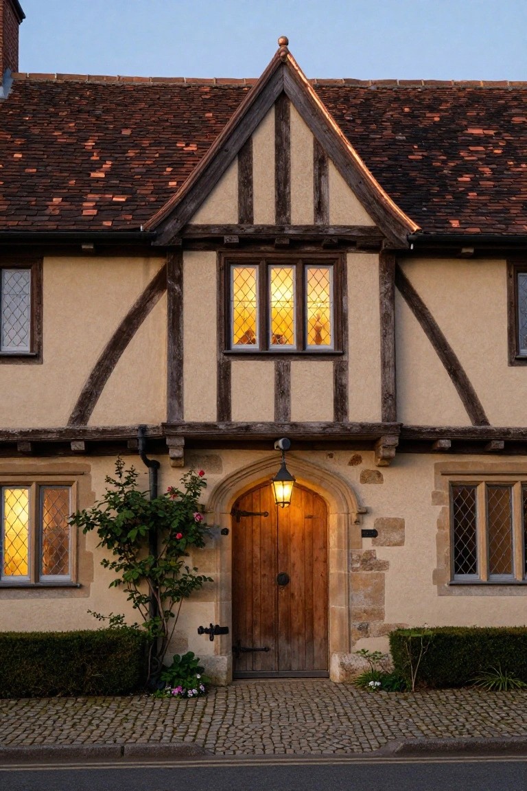 Tudor-style house facade with beige plaster walls, dark timber framing, red tile roof featuring copper patina on finial and edges, arched wooden door with lantern, climbing roses, low hedges, flowers, and cobblestone path in front of street.