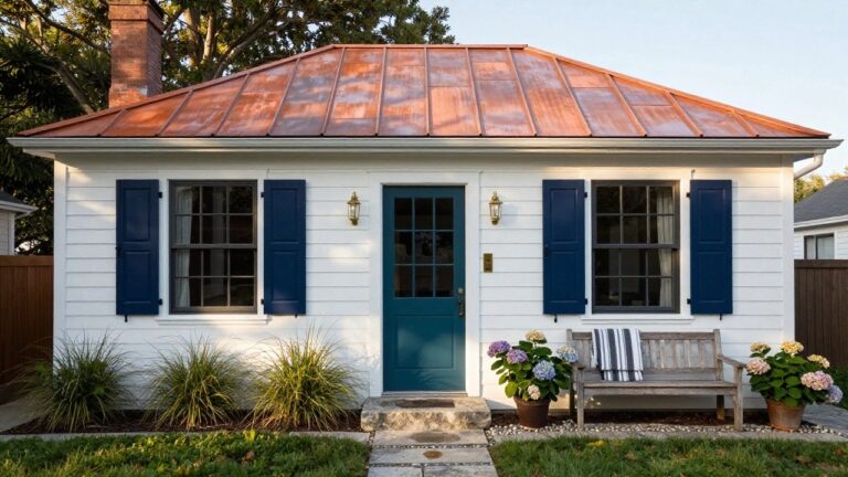 19 Copper Roof House Exterior Colors Ideas Small white clapboard house with patinated copper standing-seam roof, navy blue shutters on side windows, teal front door, potted hydrangeas, wooden bench, stone steps, and pebble path in front yard.