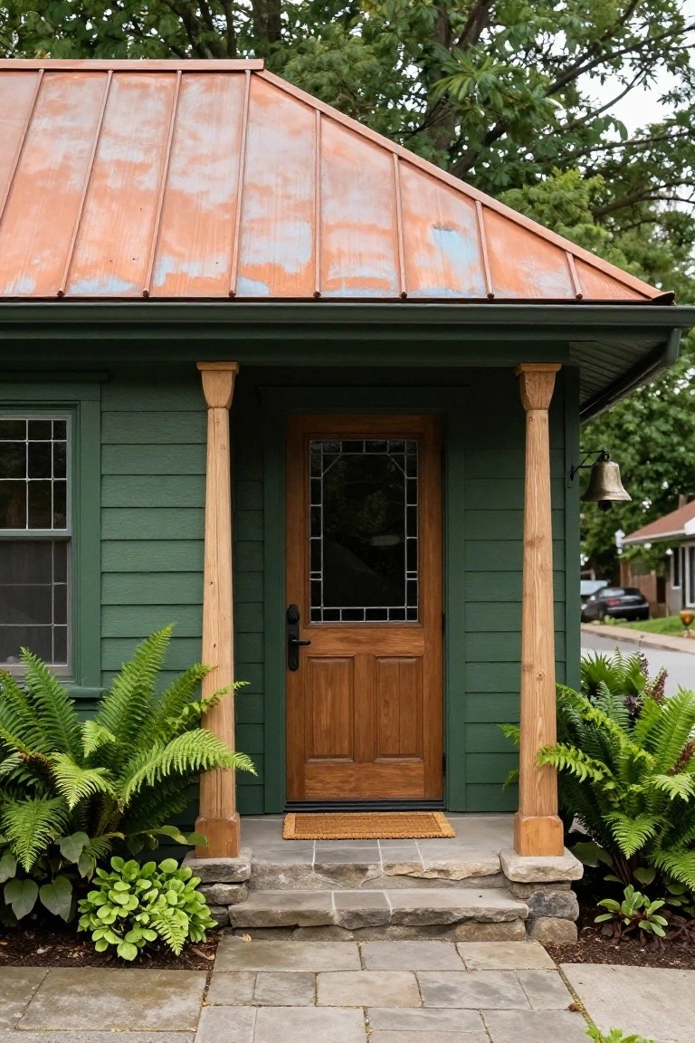 Front view of a small green-sided house with copper roof, featuring a wood door with glass panels on a porch supported by wood columns, surrounded by ferns and stone steps.