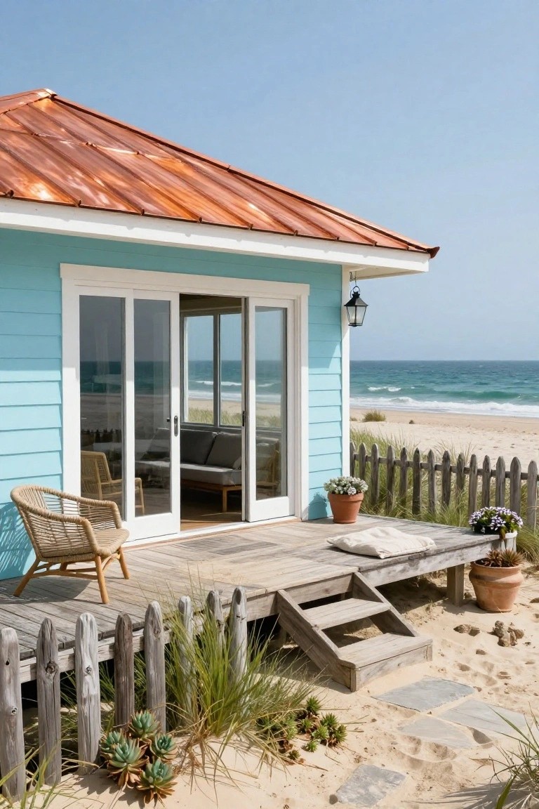 Light blue clapboard beach house with red copper standing-seam roof, white-trimmed sliding glass doors opening to a wooden deck, white picket fence, potted plants, and ocean view.
