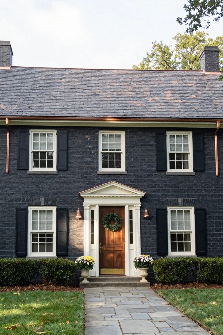 Front view of a two-story navy blue brick house with white window trim and shutters, copper gutters and downspouts, slate roof, wooden front door with wreath, potted flowers, boxwoods, and a stone walkway.