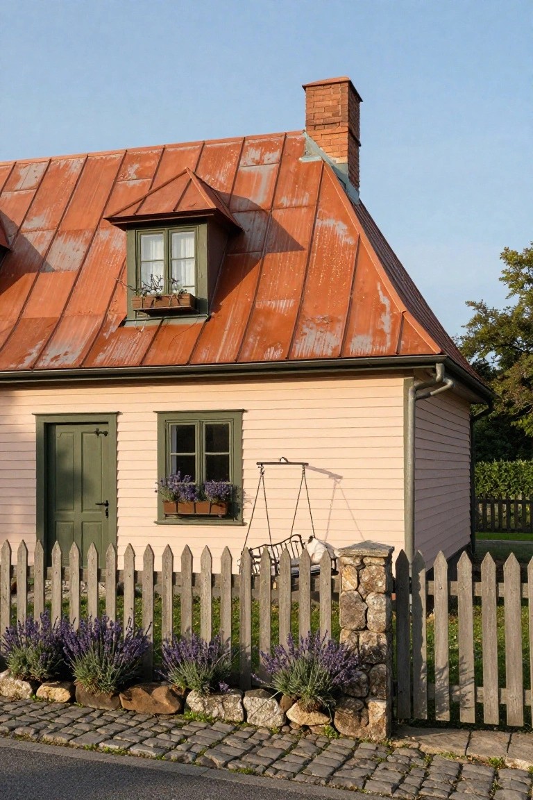 Small house with sloped red copper roof, pale pink wood siding, green door and window frames with flower boxes, hanging bench, lavender plants along picket fence, and cobblestone path.