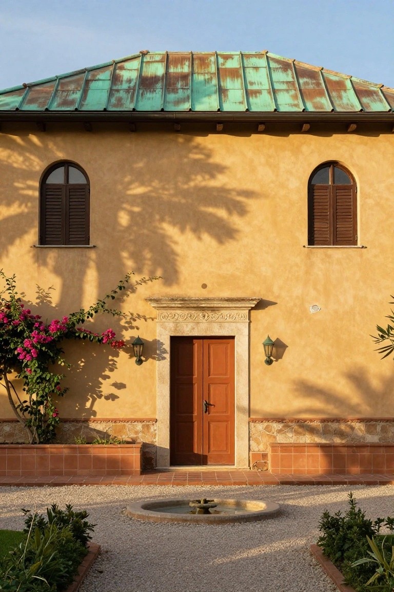 A charming yellow house with a green copper roof, wooden door, and vibrant flowers.