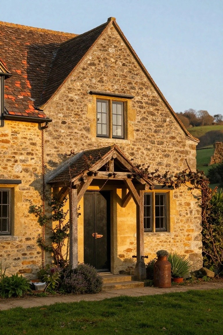 Gabled cottage house with honey-colored stone walls, wooden porch over black double doors, dark-framed windows, climbing vines, potted plants including a copper milk churn, and green lawn in front against hillside background at dusk.