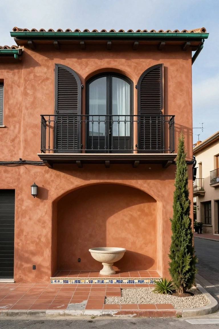 Terracotta stucco house exterior with green-edged clay tile roof, second-story balcony with black shutters and wrought iron railing, arched niche holding a stone urn fountain, garage door, wall lantern, and tall cypress tree with gravel bed nearby.