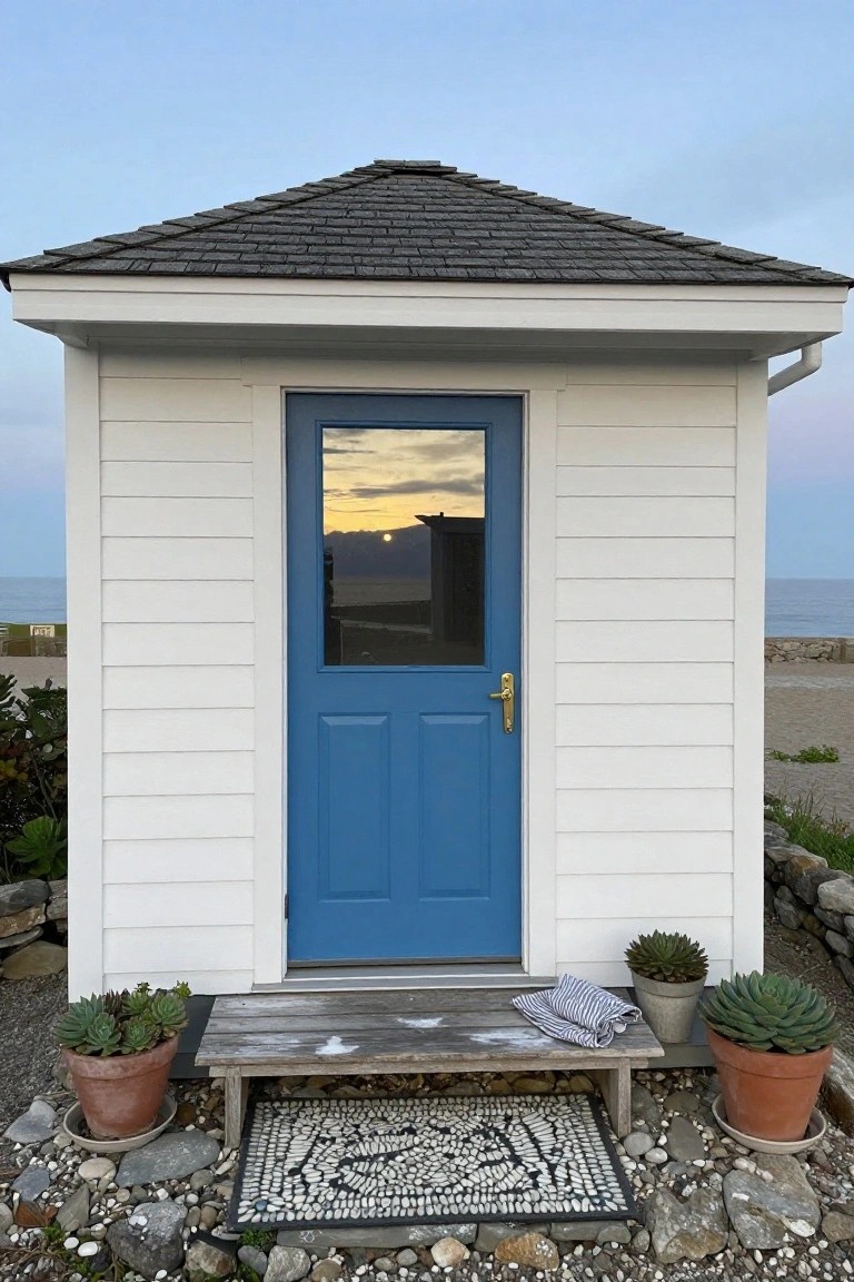 Small white clapboard cottage with bright blue glass-paneled double door, wooden step, potted succulents, towel on bench, and mosaic pebble mat on gravel ground near beach at sunset.