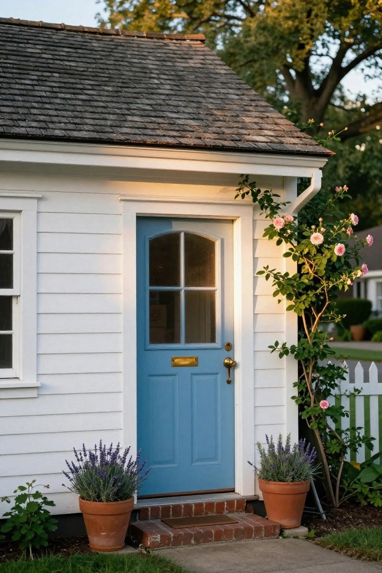 Small white clapboard cottage exterior with dark shingled roof, arched blue front door with glass panel and brass knocker, flanked by terra cotta pots of lavender on brick steps, pink climbing roses on the right side, and picket fence nearby.