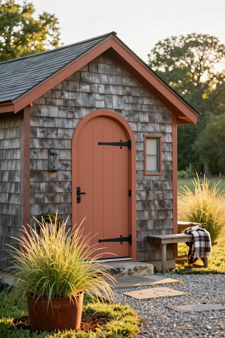 Small shingle-sided cottage shed with arched orange wood door, black hinges and handle, small square window, wall lantern, wooden bench with plaid blanket, potted ornamental grass, gravel path, and surrounding greenery at dusk.