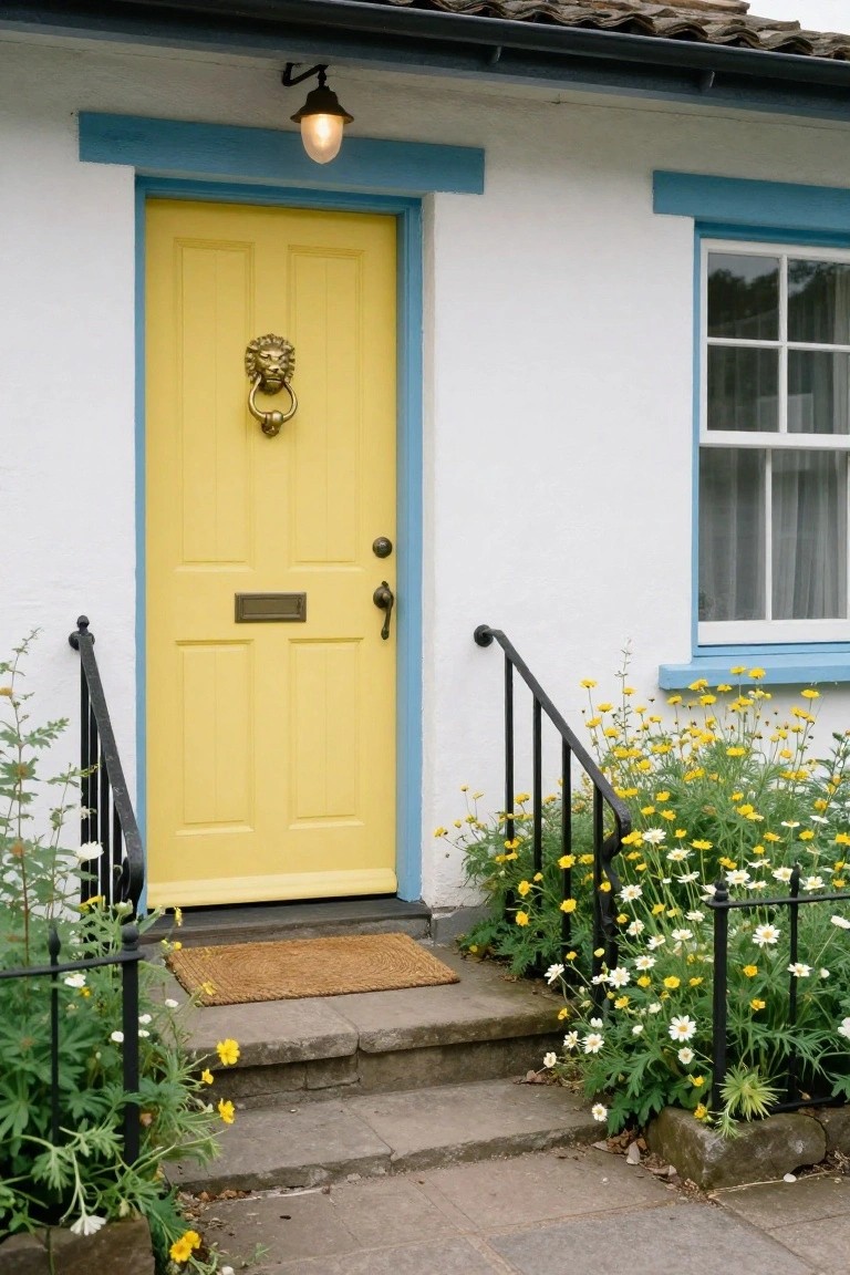 Bright yellow front door with brass lion knocker and handle on a white cottage exterior with blue trim, black iron railings, flower beds, and stone steps.