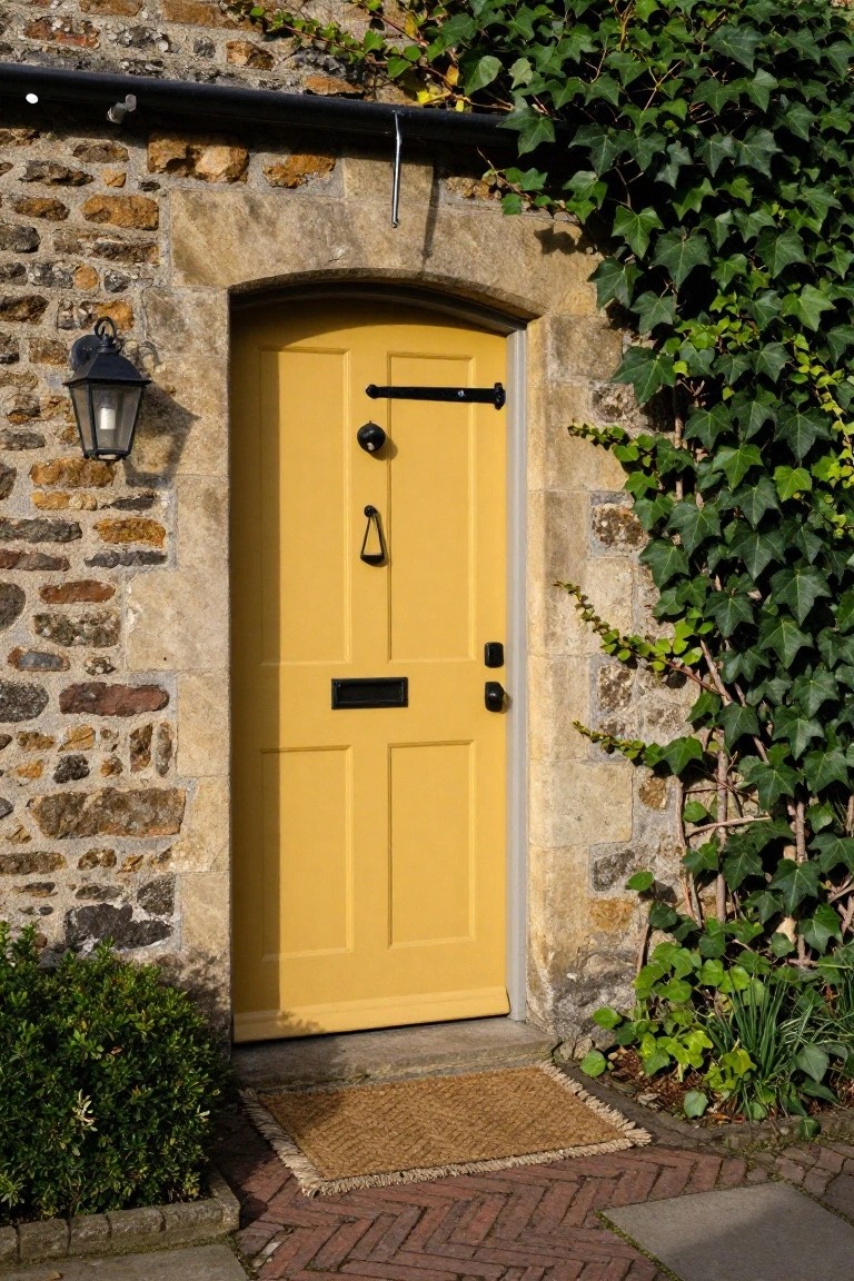 Bright yellow paneled wooden front door in an arched stone doorway of a cottage, with ivy-covered walls, a black lantern light, letterbox, door knocker, boxwood shrubs, and a woven doormat on a brick path.