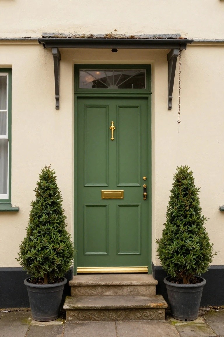 Cream cottage exterior with dark green paneled front door featuring gold knocker and letterbox, flanked by two black pots of conical topiary trees on stone steps under a porch.