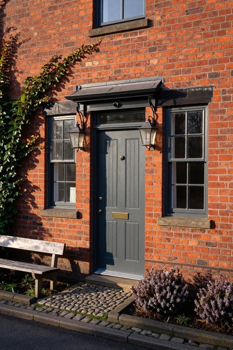 Red brick cottage facade with dark grey paneled front door, flanked by sash windows and lanterns, climbing ivy on the wall, wooden bench nearby, gravel path, and low purple shrubs in beds.
