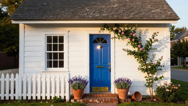21 Cottage Front Door Color Ideas Small white clapboard cottage exterior with dark shingled roof, arched blue front door with glass panel and brass knocker, flanked by terra cotta pots of lavender on brick steps, pink climbing roses on the right side, and picket fence nearby.