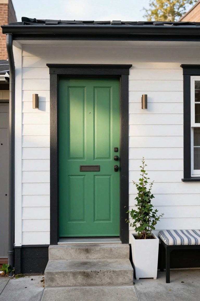 Bright green paneled front door centered on white horizontal siding house exterior with black trim, brass wall sconces on each side, potted ivy plant in white container, striped bench, and short concrete steps leading to the door.