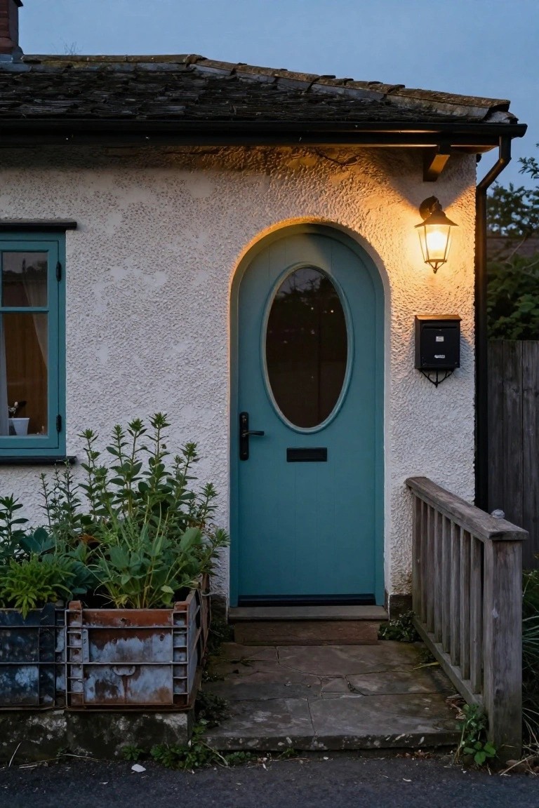 Charming cottage entrance featuring a teal oval door, planters, and outdoor lighting.