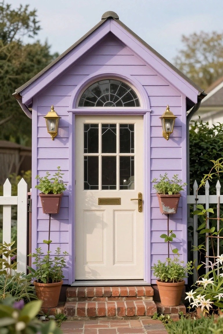 Small purple clapboard cottage with white paneled front door, arched leaded glass window above, gold lanterns flanking the entry, potted herbs on walls and ground, white picket fence, brick steps, and surrounding garden plants.