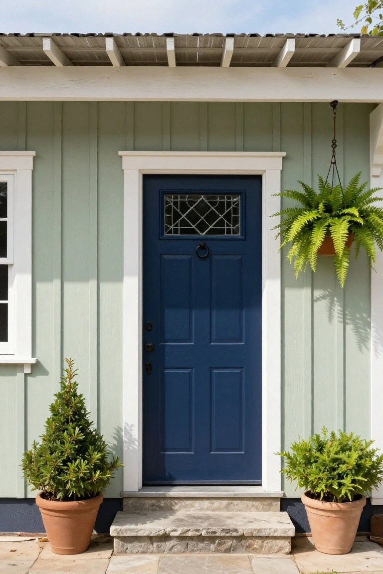 Sage green vertical board-and-batten siding on a cottage exterior with a dark navy paneled front door featuring a glass window and brass knocker, white trim, stone entry steps, potted dwarf conifers flanking the steps, and a hanging fern in a pot beside the door.