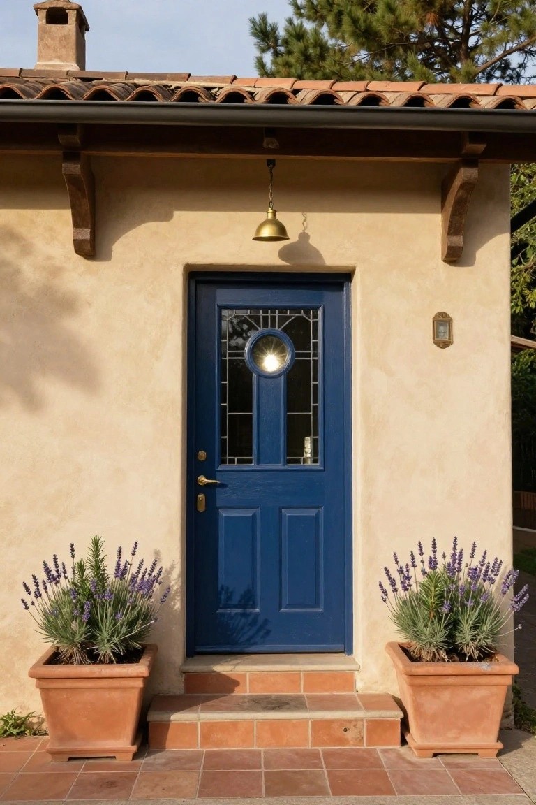 Beige stucco cottage exterior with navy blue paneled front door featuring leaded glass window, flanked by lavender plants in large terracotta pots on either side of terracotta steps.
