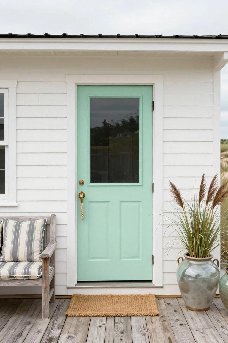 White clapboard cottage exterior with pale green paneled front door featuring glass upper panels, gold door hardware, pampas grass in large pots, striped cushions on wooden bench, and jute doormat on weathered wood porch.