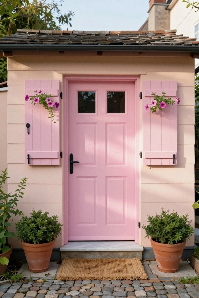 Small beige shed with pink front door, pink shutters with hanging flowers, potted plants flanking the entry steps, and a woven mat on cobblestone paving.