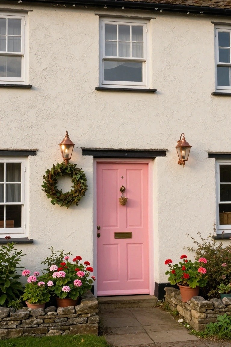 White plaster cottage with pink front door centered under a wreath, flanked by copper lanterns, potted geraniums in stone planters, and sash windows.