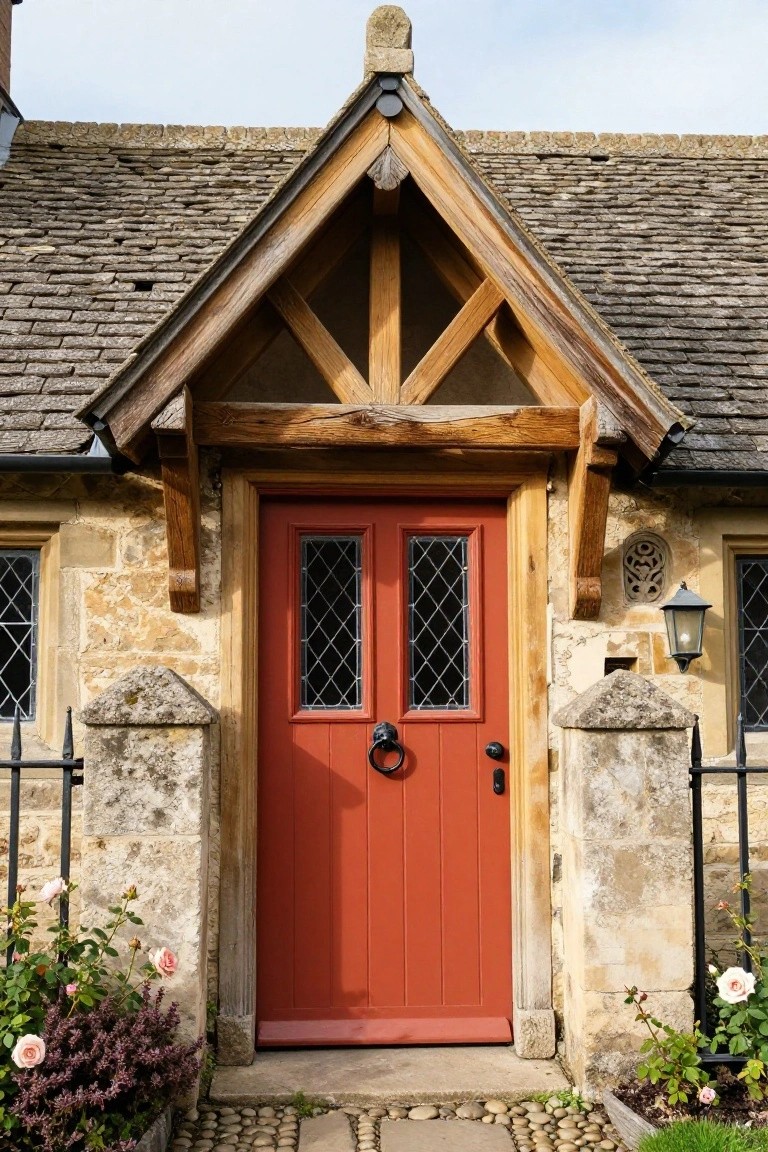 Red wooden front door with diamond-patterned glass panels in a timber porch on a stone cottage, flanked by stone pillars with iron railings, a lantern light, and potted flowers.