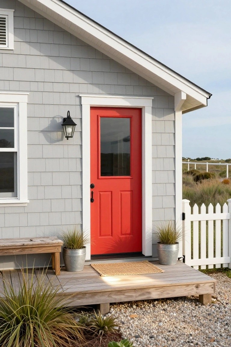 Gray shingle-sided cottage with red paneled front door featuring glass upper panel, black lantern light fixture, wooden porch bench and pots with grasses, white picket fence, and beach dunes in background.