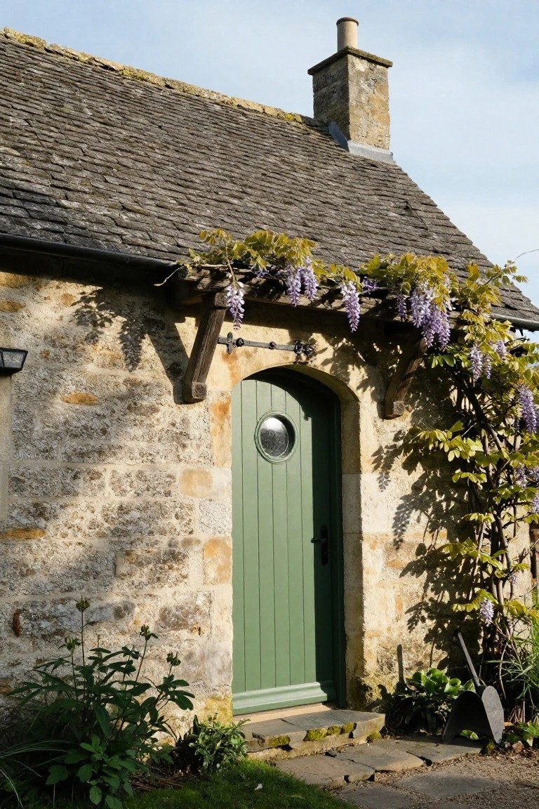 Stone cottage facade with arched green wooden front door, round window, climbing purple wisteria on wooden trellis, stone walls, lantern light, steps, shovel, and garden plants.
