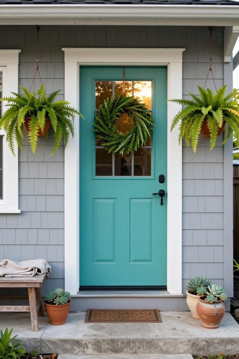 Gray shingle house exterior featuring a teal paneled glass front door with white trim, flanked by hanging fern planters and a green fern wreath, potted succulents on the steps, and a wooden bench nearby.