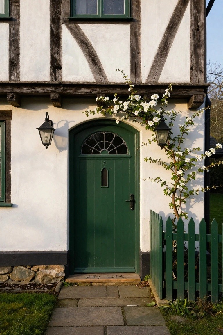 White half-timbered cottage exterior featuring a dark green arched wooden front door with fanlight window, flanked by black lanterns and climbing white flowering vines, with a green picket fence and stone pathway leading up.