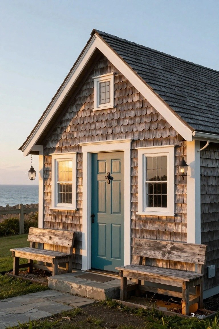 Small shingle-clad cottage with turquoise front door, white-trimmed windows, hanging lanterns, wooden benches on either side, stone steps, and ocean view at dusk.