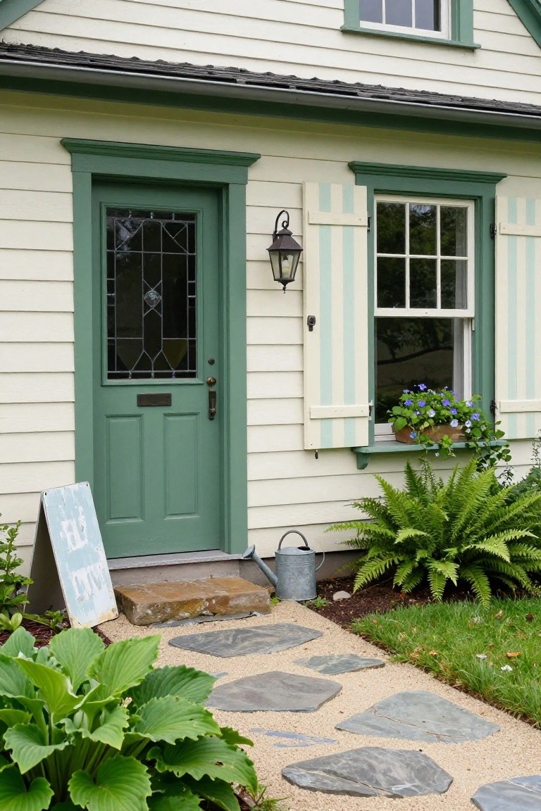 Pale clapboard cottage house exterior with dark green front door featuring leaded glass window, flanked by green-trimmed striped shutters on windows with flower box, wall lantern, stone entry steps, metal bucket, potted plants, ferns, hostas, and flagstone path.