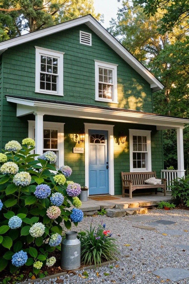 Green shingle-sided cottage with white trim, blue front door, covered porch holding a wooden bench and pillow, large hydrangea bushes nearby, milk can, flowers, gravel path, and surrounding trees.