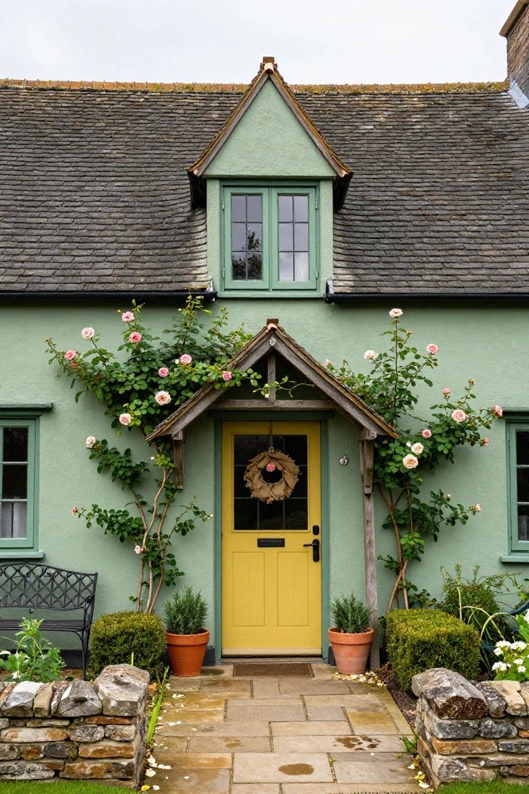 Mint green cottage exterior with slate roof, yellow front door under a wooden porch covered in pink climbing roses, potted plants, bench, and stone walls along a paved path.