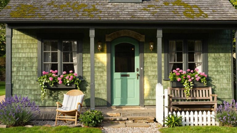 Small green shingled cottage exterior with black trim, arched turquoise front door flanked by lanterns, wooden bench, window box with pink flowers, white picket fence, and surrounding plants.